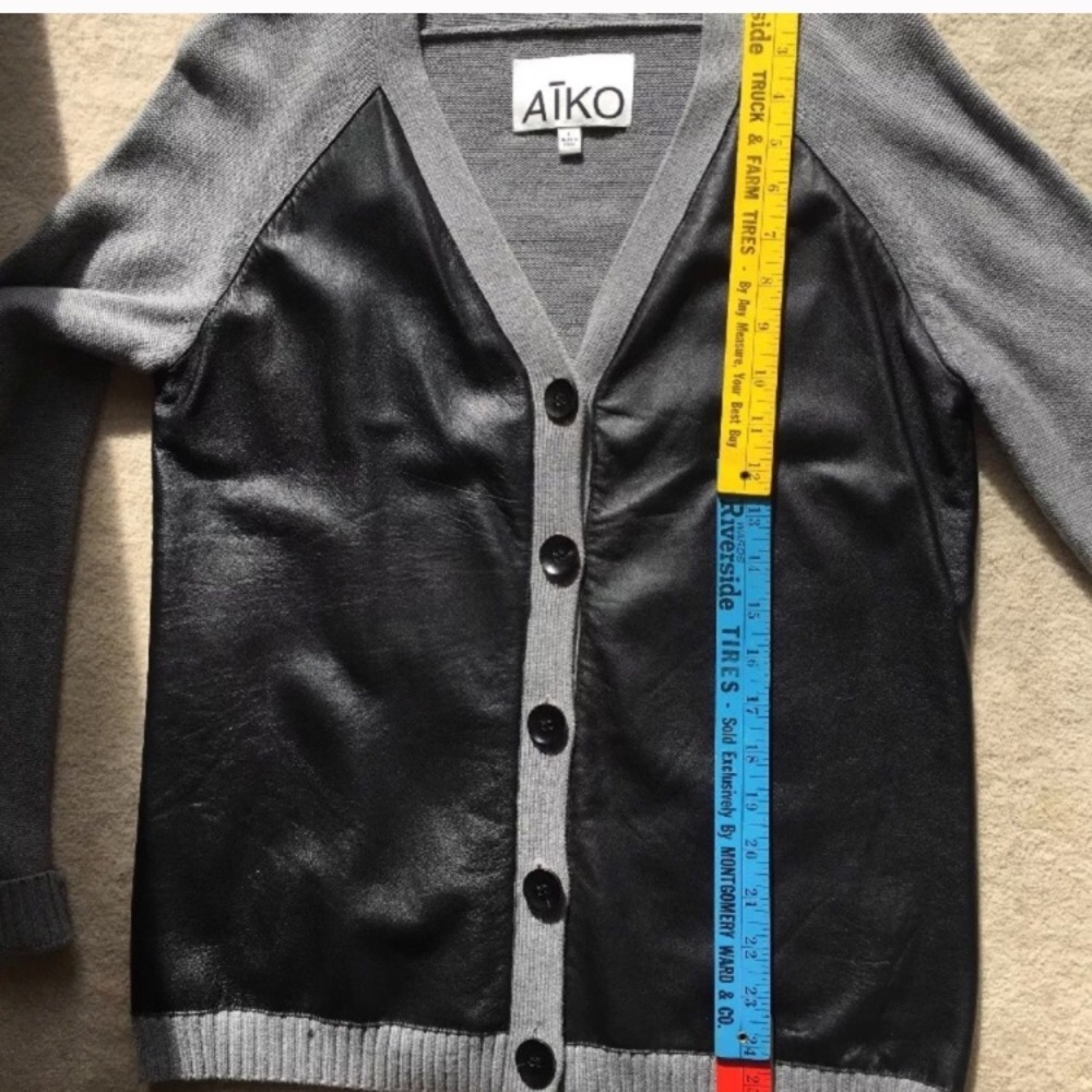 Aiko Grey Cashmere Leather Paneled Cardigan, Sz L - Picture 7 of 7